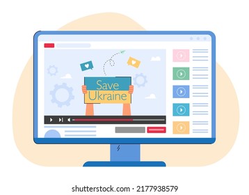 Website page with supportive video about Ukraine. Hands holding save Ukraine banner on computer screen flat vector illustration. War, social media, internet concept for banner or landing web page