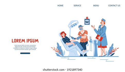 Website page template for dental clinic with characters of dentists and their patient in dental care office, cartoon vector illustration. Web banner mockup for dentistry and stomatology.