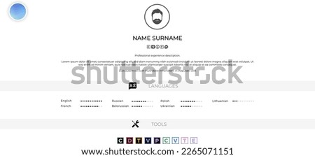 Website page template design with photo and CV resume for personal photographer or designer portfolio