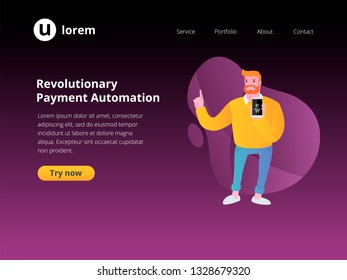 Website page template with illustration. Digital payment concept. Man holding smartphone. Vector illustration.