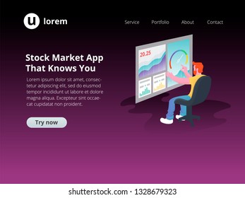 Website page template with illustration. Man working with charts in large dashboard apps. Business data analysis. Vector illustration.