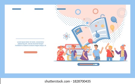 Website page template for kids online science classes with cartoon children among symbols of chemistry, physics and astronomy school subjects. Online distance education for children, flat vector.