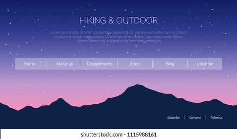 Website page template with mountains background. Vector illustration. Travelling and environment concept.