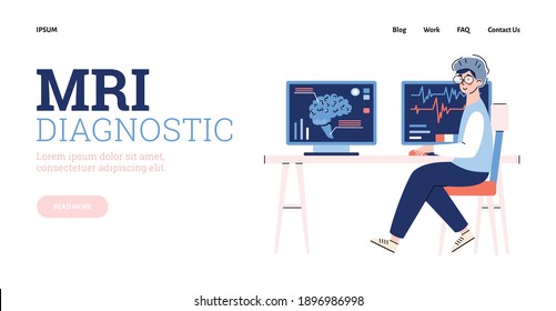 Website page template for MRI medial diagnostic with cartoon character of doctor sitting behind computer monitors, flat vector illustration. MRI computer research.