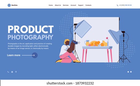 Website page template for professional product or magazine photography with photographer making shoot of food, flat cartoon vector illustration on bright blue background.