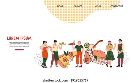 Website page template for restaurant or online food delivery with kitchen and service staff cartoon characters, flat vector illustration. Landing page with restaurant waiters and hosting staff.