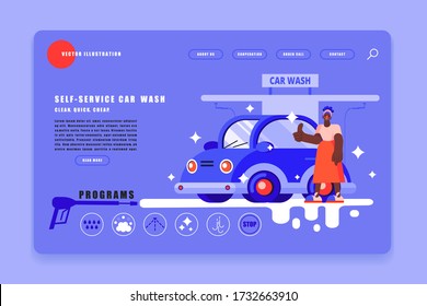 Plantilla de página web para el negocio de autoservicio de lavado de coches. La mujer africana se alegra después de lavarse el auto en un lavado de auto. El auto se quema. Lávese los iconos del programa para lavar auto-servicio el coche. Ilustración plana