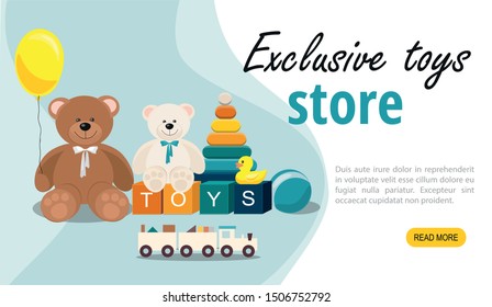 Website page template. Teddy Bear and clorful toys