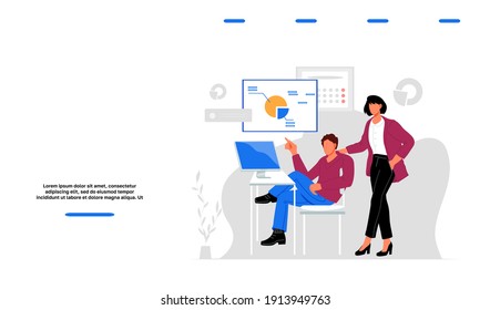 Website page template with two people studying a business analytics infographic, flat vector illustration on white background. Data analysis and finance strategy web banner.