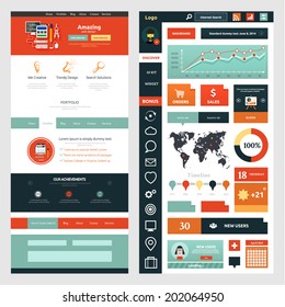 Website page template. Web design. Set of web page with icons for different websites in flat style