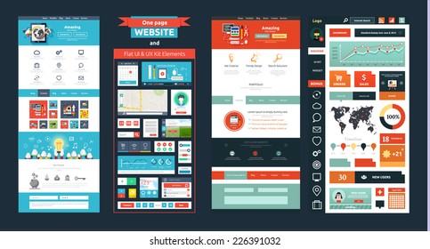 Website Page Template. Web Design. Set Of Web Page With Icons For Different Websites In Flat Style. One Page Website Flat Ui And Ux Kit Elements Icons