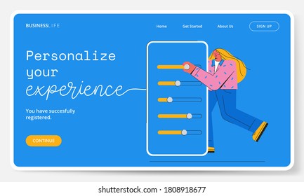 Website page template - Woman personalizes the giant phone in her hand. Concept of app settings, customization, social media marketing, and SEO.