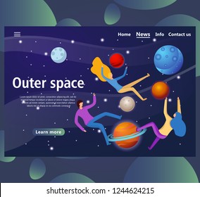 Website page templates for outer space. Landing page shows space around man. vector illustration