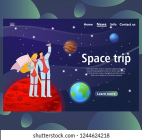 Website page templates for space trip design. Landing page shows space around man. vector illustration