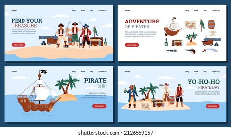 Páginas web con personajes de dibujos animados de piratas marinos, ilustración vectorial plana. Banners web para eventos de entretenimiento y juegos sobre temas de aventura pirata.