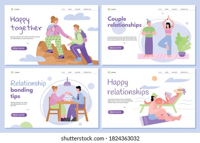 Website pages set presenting bonding tips for couple relationships, flat cartoon vector illustration isolated on white background. People spending time together.