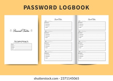 Website password and information tracker logbook interior vector. Regular login and website notebook with password tracker sections. Password logbook diary interior. Simple password notebook design.