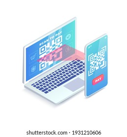 Website Payment Solution Isometric Concept. 3d Smartphone Scanning Barcode On Laptop Screen Isolated. QR Code Payment On Website, Online QR Pay Vector. Digital Internet Payment Illustration.