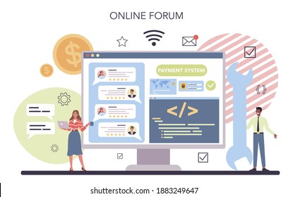 Website payment system testing online service or platform. Pay to NFC by card in smartphone. Online forum. Flat vector illustration