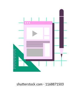 Website with pencil and ruler icon vector illustration in flat color design