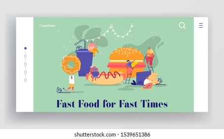 Website of People Characters with Fastfood. Huge Burger, Hot Dog, French Fries, Donut, Soda Drink. People Eating Street Fast Food, Online Meal Order Website Landing Page. Cartoon Vector Illustration