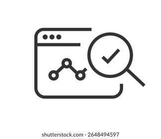 Análise de desempenho do site ícone de verificação de dados linha traço ilustração gráfica simples, análise online do site software de análise dados de pesquisa de auditoria de teste, estatísticas de tendência kpi delineamento do serviço de gráfico fino