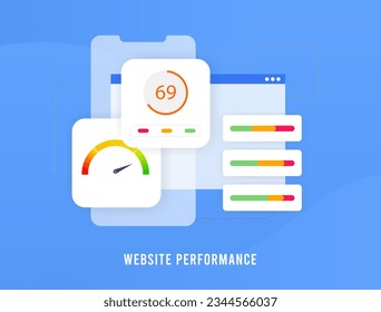 Website Performance Optimization concept. Enhance Web Page Speed for Improved SEO Metrics. Web Browser with Speedometer Indicator, Enhancing Website Performance, User Experience and SEO Ranking