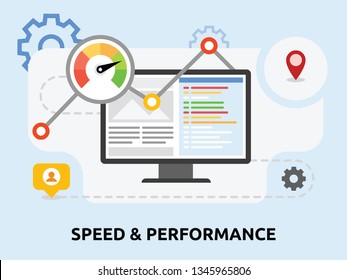 Website performance optimization concept. Web browser with speedometer testing Speed of internet connection. Website speed loading time vector icon. Vector icon of website uptime, internet connection.