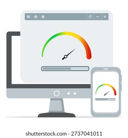Website performance speed test concept showing loading gauge on desktop and smartphone, representing page load time, optimization, responsiveness, and digital user experience monitoring.