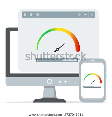 Website performance speed test concept showing loading gauge on desktop and smartphone, representing page load time, optimization, responsiveness, and digital user experience monitoring.