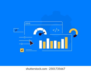 Website performance testing with speed checking, load time, technical seo optimization, analytics, site monitoring. Illustration for web development, SEO and digital performance analysis visuals