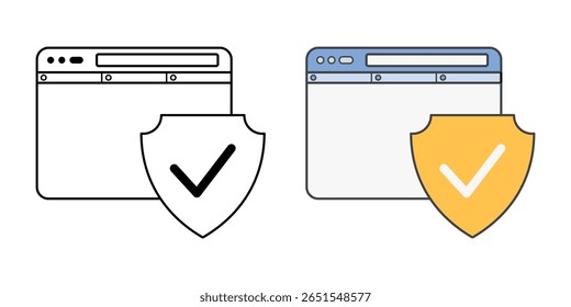 Website permissions icon with browser tab, checkmark, and shield symbol, ideal for user consent, secure site access, and online privacy illustrations.