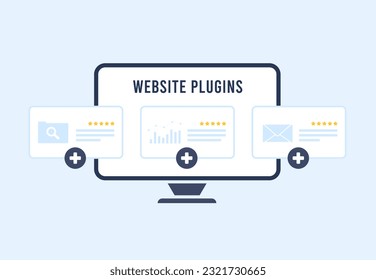 Website plugin concept - enhance ecommerce CMS with extensions. Improve digital marketing with SEO website plugins and web developer extension and plugins. Flat design vector illustration