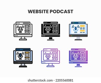 Website Podcast icon set with line, outline, glyph, filled line, flat color, line gradient and flat gradient. Can be used for digital product, presentation, print design and more.