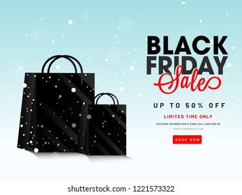 Website poster or banner design with 50% discount offer and shopping bags on snowfall background for Black Friday Sale.