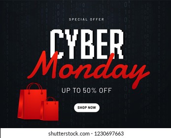 Website poster or banner design for Cyber Monday with 50% discount offer and shopping bag on black background.