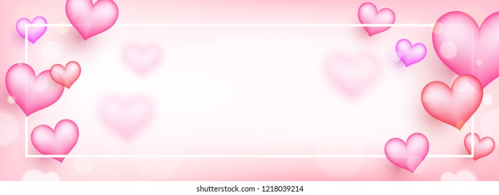 Website poster or banner design decorated with pink and purple hearts on glossy blurred background.