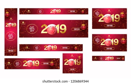 Website poster, banner and template set with 50% discount offer on bokeh background for 2019 celebration.