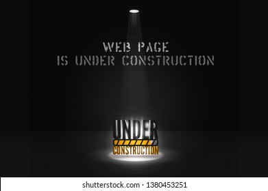 Website poster is coming soon message with floodlight on scene. Under construction alert in spotlights on black background. Webpage dark banner of 3d glowing text