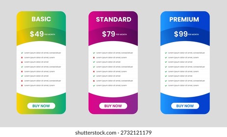 Plantilla de diseño de tabla de tabla de Precios de Precio de Sitio web. UI UX App Precios tabla tabla Suscripción conjunto diseño. Oferta de Plan de Producto Paquete de Precio Opción de Suscripción Tabla de comparación Diseño de infografía