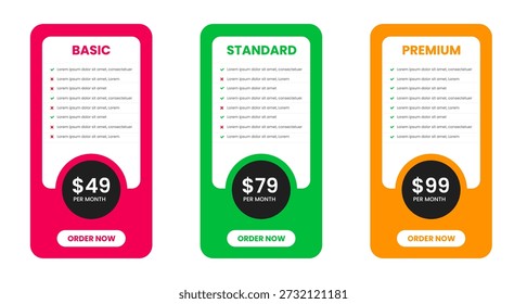 Website Preis Preisdiagramm Tabelle Design Vorlage. UI UX App Preisdiagramm Tabelle Abonnement Set Design. Produktplan Angebot Preis Paket Abonnement Option Vergleich Tabelle Diagramm Infografik Design