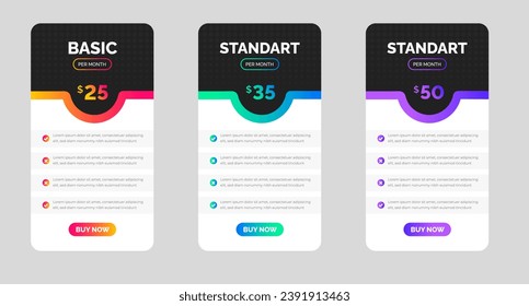 website Pricing chart table design template. Product Plan Offer Price Package Subscription Options Comparison Table Chart Infographic Design. UI UX app pricing chart table Subscription set design.