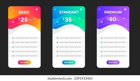 website Pricing chart table design template. Product Plan Offer Price Package Subscription Options Comparison Table Chart Infographic Design. UI UX app pricing chart table Subscription set design.