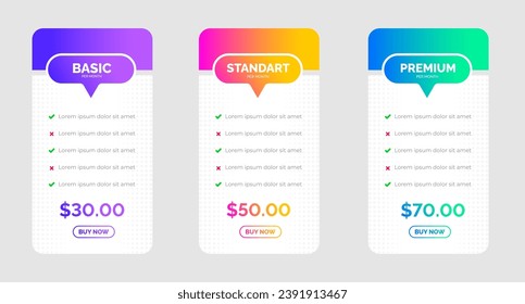 website Pricing chart table design template. Product Plan Offer Price Package Subscription Options Comparison Table Chart Infographic Design. UI UX app pricing chart table Subscription set design.