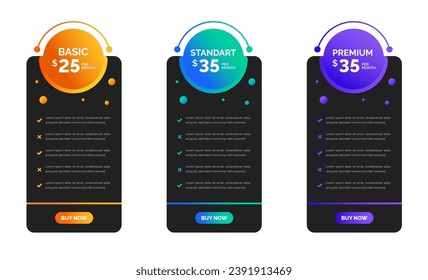 website Pricing chart table design template. Product Plan Offer Price Package Subscription Options Comparison Table Chart Infographic Design. UI UX app pricing chart table Subscription set design.