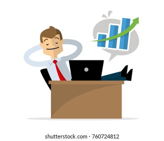 Website or print illustration of a businessman relaxing after knowing his successful work
