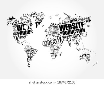 Website production process word cloud in shape of world map, technology concept background