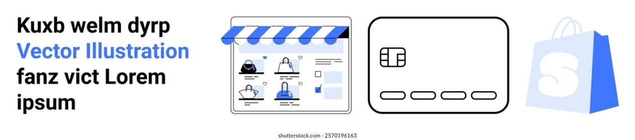 Website with products, credit card, and shopping bag. Ideal for e-commerce, online payment, retail, digital marketplace, and online transactions. Landing page