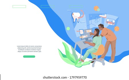 Website for professional dentistry and dental aesthetic, orthodontic services. Dental implantology and oral tomography web banner template. Flat vector illustration.