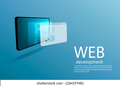 Сreate a website. To program. Web development, computer technology, website build concept. Poster with tablet pc, html, binary code. Vector. Online education. Concept